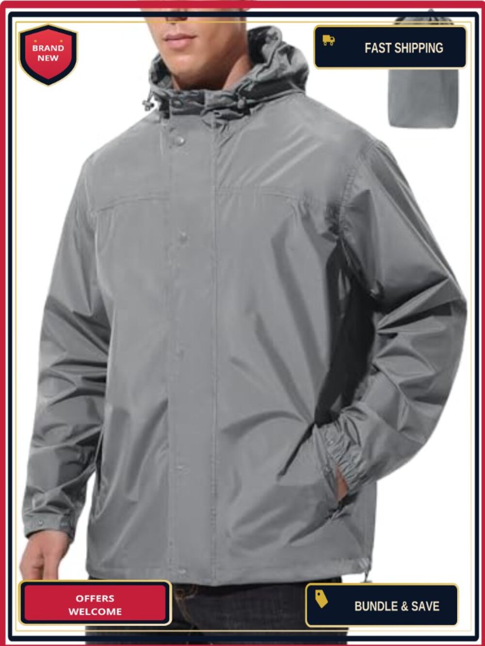 Men's Lightweight Packable Waterproof Rain Jacket Windbreaker Hooded